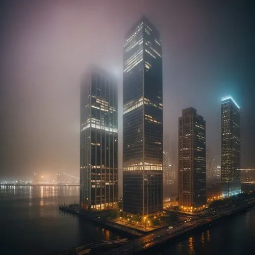 Luxury Towers at night in Brooklyn along East River. Dark, foggy night.,chongqing,guangzhou,tianjin,shanghai,songdo,zhangzhou,the skyscraper,dubai marina,wanzhou,xujiahui,shenzen,chengdu,hangzhou,huzh