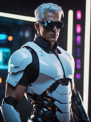 Futuristic AI creator, solo, male, muscular build, short white hair, black glasses, white lab coat, black gloves, futuristic sci-fi background, neon lights, holographic screens, complex machinery, met