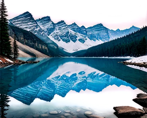 Moraine Lake, turquoise water, snow-capped mountains, rocky shoreline, evergreen trees, reflection symmetry, misty atmosphere, soft natural light, 3/4 composition, panoramic view, warm color tone, cin