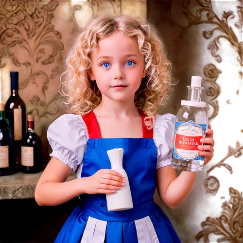 Alice, Wonderland, little girl, blue dress, white apron, curly blonde hair, big blue eyes, innocent expression, holding a small bottle, standing, whimsical, dreamy, soft shading, fine lines, delicate 