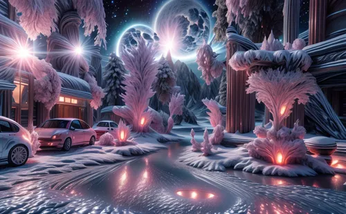 infinite snow,ice planet,snow scene,fractal environment,ice castle,fractal lights,snow trees,polar lights,winter wonderland,3d fantasy,north pole,christmas landscape,elves flight,digital compositing,radiator springs racers,snow trail,winter village,futuristic landscape,mandelbulb,winter festival