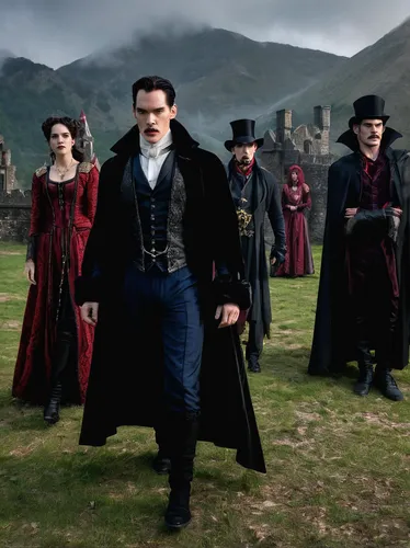 Exclusive Photo Draculas Jonathan Rhys Meyers and Cast in Full Costume,frock coat,red coat,santons,benedict,dracula,twelve,sherlock,downton abbey,overcoat,regeneration,benedict herb,the victorian era,