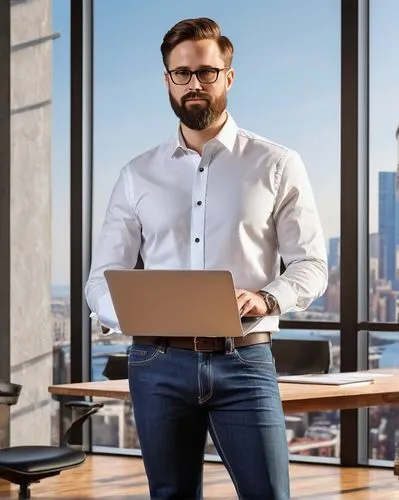 Revit architecture software, professional architect, male, 30s, wearing glasses, short brown hair, beard, white shirt, dark blue jeans, standing, holding laptop, Revit logo on screen, modern office ba