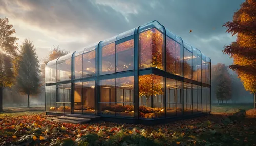 Futuristic architectural farming glass building,  super realistic architectural rendering, autumn scene, falling leaves, dusk overcast cloudy sky, leaves on ground,  warm interior lights, atmospheric 