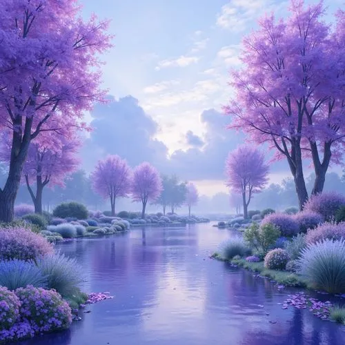 purple landscape,landscape background,fantasy landscape,flower water,springtime background,meadow in pastel,beautiful landscape,spring background,lilac tree,river landscape,the cherry blossoms,nature landscape,japanese sakura background,fantasy picture,sakura trees,splendor of flowers,waterscape,purple blue ground,spring blossoms,lilac blossom