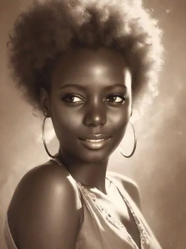 Beautiful african woman, afro hair, in the style of Boris Vallejo, in sepia tones, a pencil drawing portrait with brush strokes, soft lighting from behind shining on top of her hair, a full body with 