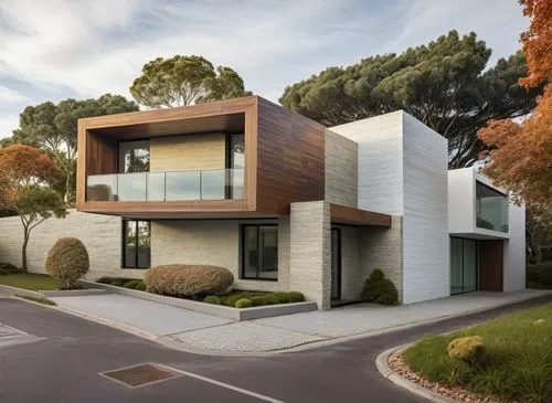 DISEÑO EXTERIOR DE UNA CASA ESTILO MINIMALISTA UBICADA EN UNA ESQUINA,  CON LOS COLORES NEUTROS, UBICADA EN UN FRACCIONAMIENTO RESIDENCIAL, CALLES DE PAVIMENTO ASFALTICO, PERSONAS, VEGETACIÓN EXUBERAN