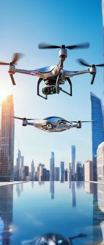 Futuristic drone, modern architecture design, sleek metal body, curved lines, silver coating, glowing blue LED lights, intricate mechanical details, rotating propellers, hovering in mid-air, urban cit