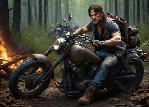 male character, Daryl Dixon, inspired by Days Gone, rugged appearance, crossbow, leather vest, motorcycle, stubble, long hair, bandana, forest background, post-apocalyptic setting, zombies, dynamic ac