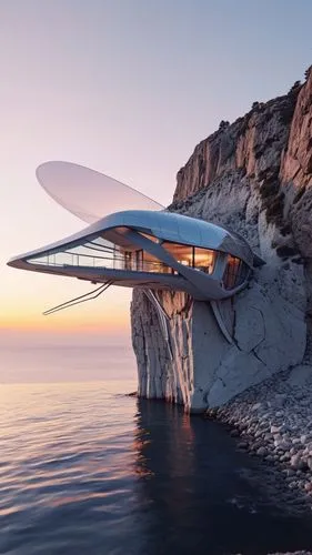 an architectural masterpiece inspired by the intricate and delicate structure of a housefly. The building should be situated on a dramatic cliff, offering breathtaking views of the ocean. The design s