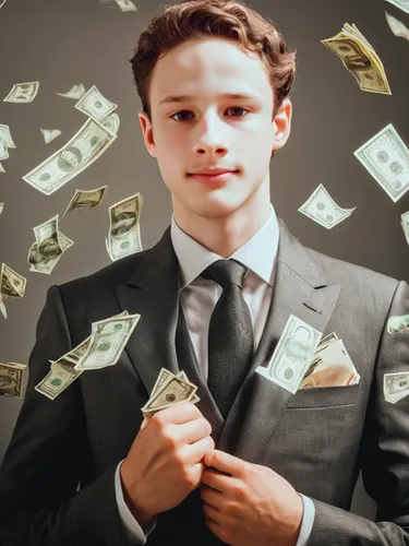 An attractively young man with a 3 piece suit with money flying all around them,passive income,make money online,financial education,white-collar worker,affiliate marketing,money handling,grow money,f