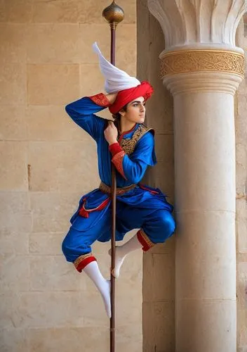 The image of an woman  with  american beautiful face, wearing blue and white and red traditional Safavid clothes, traditional  Safavid trousers and a white Safavid turban with a red tip and red stocki