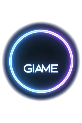 Mobile game logo, circular shape, colorful, shiny metallic surface, 3D effect, glowing blue lines, neon lights, futuristic design, simple typography, bold font, white background, centered composition,