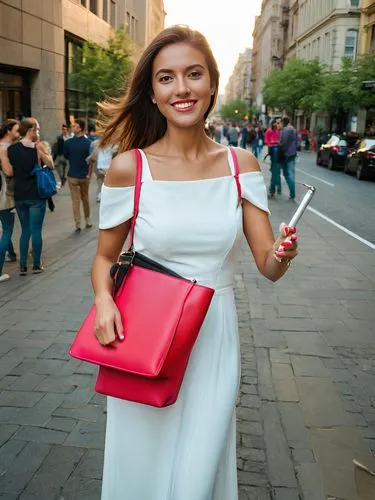 As the sun sets over the bustling city, a woman in a long white dress and a vibrant red dress steps out into the horizon. She is embracing a selfie stick, sluggishly clutching a vibrant pink purse. Th