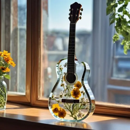 painted guitar,music instruments on table,acoustic-electric guitar,glass decorations,minions guitar,glass ornament,glass yard ornament,stringed instrument,classical guitar,mandolin,guitar accessory,acoustic guitar,glass vase,guitar,glass jar,musical instruments,music instruments,sunflowers in vase,musical instrument accessory,concert guitar,Photography,General,Realistic