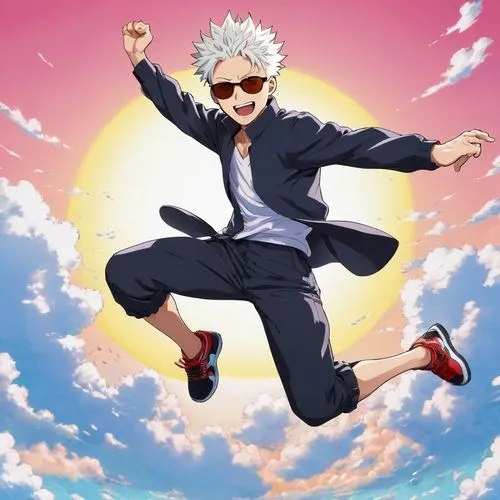 Jujutsu Kaisen, Gojo Satoru,male, 17yo , white hair, sunglass,energetic pose, jumping, clear sky, adventurous atmosphere, vibrant colors, dynamic composition, action-packed scene.,hitsugaya,katsuki,su