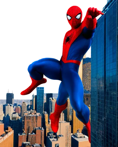 Spider-Man, superhero, solo, (18yo), Caucasian, athletic build, red and blue full-body spandex suit, web shooters on wrists, messy brown hair, bright blue eyes, smiling, standing hero pose, city skysc