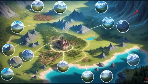 the map for a game with several different scenes,smallworld,map icon,conquests,krosby,zoombinis,surival games 2,Anime,Anime,General