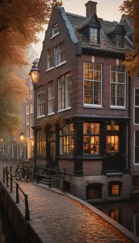 Amsterdam architecture, canal house, ornate facade, steeply pitched roof, dormer window, brick wall, stone foundation, wooden door, iron lantern, cobblestone street, quaint bridge, autumn foliage, cal