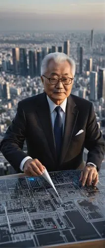 Arata Isozaki, modern Japanese architect, 60yo, glasses, gray hair, black suit, white shirt, tie, holding blueprints, standing, skyscraper, Tokyo cityscape, glass and steel structure, sleek lines, min