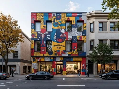 colorful facade,facade painting,facade panels,muralism,muralist,muralists,schomburg,depero,painted block wall,memphis pattern,kaws,adjaye,facade insulation,multistoreyed,athens art school,kunsthaus,marimekko,kitaj,public art,artthielseattle