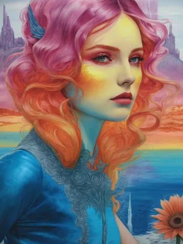 a woman with pink hair with a castle in the background,seelie,fae,fantasy art,fantasy portrait,eglantine,westerfeld,Illustration,Realistic Fantasy,Realistic Fantasy 25