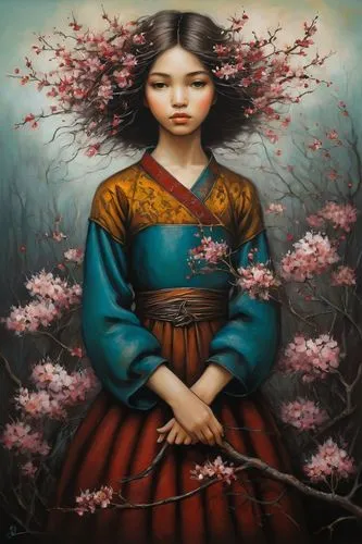 japanese art,geisha girl,the plum flower,geisha,oriental painting,japanese woman,Illustration,Realistic Fantasy,Realistic Fantasy 34