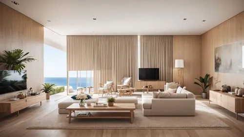 A contemporary living room with a neutral and warm color palette. A painting of the chuch in Carneiros Beach Pernambuco state  hangs on the white wall above a large linen sofa adorned with cushions. I