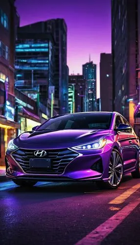 Purple Hyundai Elantra, modern sedan, shiny metallic paint, sleek curves, LED headlights, sporty alloy wheels, low-angle shot, city street, urban night, neon lights reflecting off car body, detailed c