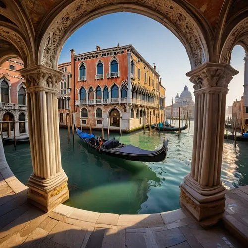 Venice-style building, grand canal, Baroque architecture, intricate stone carvings, ornate decorations, Gothic arches, stained glass windows, bright colors, detailed mosaics, water reflections, romant