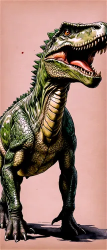 Long dinosaur, giant reptile, green scaly skin, sharp teeth, powerful legs, strong tail, angry facial expression, loud roaring, rugged texture, detailed wrinkles, afternoon sunlight, dramatic lighting