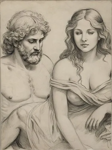 Classical theme “Susanna and the Elders” freely adapted from Tintoretto.,a drawing of a man and woman sitting down,hylas,telemachus,pygmalion,adam and eve,cavatina,hesperides,Illustration,Black and Wh