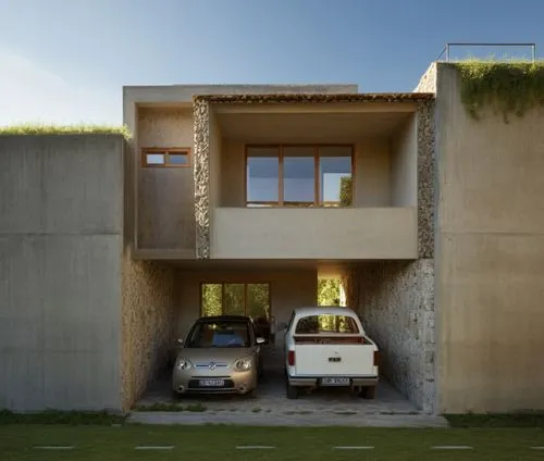 a couple of cars parked in front of a large cement building,underground garage,cubic house,dunes house,habitat 67,breuer,cube house,Photography,General,Realistic