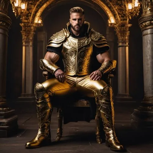 Ares wearing a gold metal vest, gold metal boots, gold metal pants, insanely handsome ,thorbjorn,asgardian,god of thunder,thor,thorpedo,thornier,thors,golcuk,goldfaden,gladiator,goldtron,hanhardt,geng