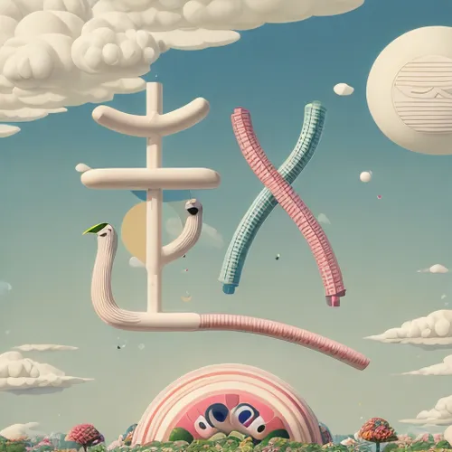 pacifier tree,3d fantasy,surrealism,surrealistic,mushroom landscape,alien planet,b3d,donut illustration,panoramical,orbital,cinema 4d,cellular,cloud mushroom,cloud play,sci fiction illustration,virtual landscape,orbit,plasticine,alien world,cancer illustration,Calligraphy,Illustration,Cartoon Illustration