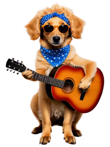 Free-spirited, music-loving dog, sitting on a guitar, wearing sunglasses, blue bandana, floppy ears, fluffy fur, curly tail, relaxed posture, warm lighting, shallow depth of field, soft focus, vibrant