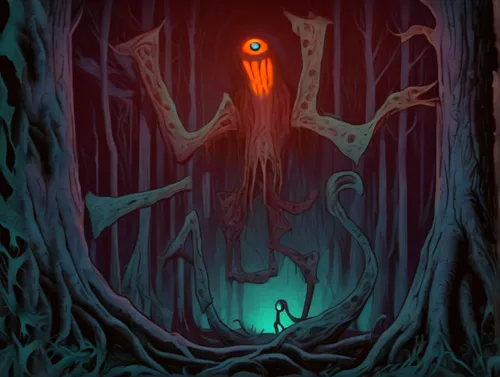 haunted forest,slender,creepy tree,supernatural creature,game illustration,devilwood,forest man,creeper,sci fiction illustration,holy forest,background image,portal,three eyed monster,halloween poster