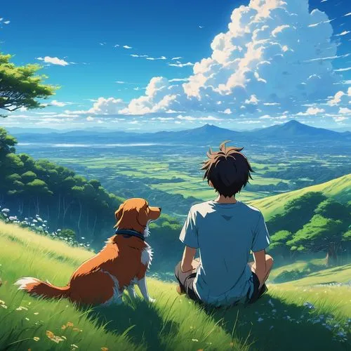 kizu,hosoda,boy and dog,ghibli,arrietty,hisaishi,studio ghibli,summer day,companion dog,hoenn,a beautiful day,idyll,bluesky,blue sky,ridgebacks,summer sky,garrison,landscape background,shinran,sunny day,Illustration,Japanese style,Japanese Style 14