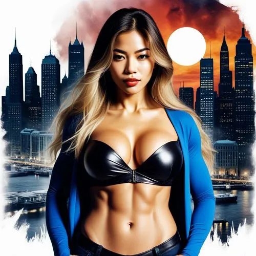 Big muscles, black hair, (toned physique, (bigger boobs, shredded), tight business clothes),a woman in a topless bikini with her shirt open,mayhle,natashquan,drita,brooklynese,toni,nakina