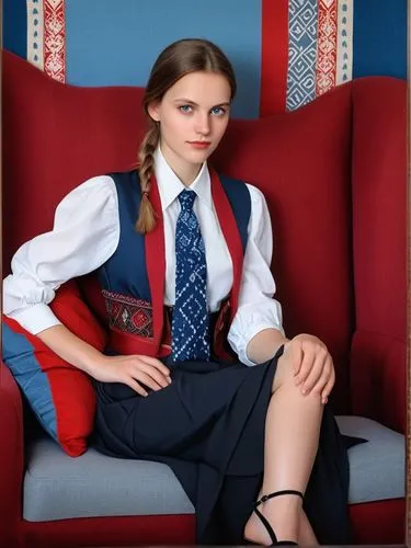 This picture shows a very beautiful young German lady from the Black Forest in a seated portrait. She is wearing a white shirt, a blue tie and a gray vest. The background is in shades of red and appea