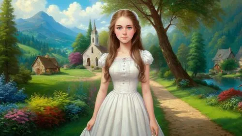 Romantic masterpiece oil painting, cute girl portrait, nostalgic 1950's style kitsch, rolling hills landscape, lush forest village scenery, by Thomas Kinkade, by Bob Ross,kirtle,elenore,ellinor,fairy 