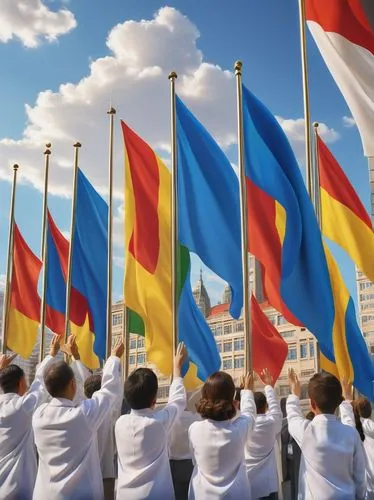 National flag, waving gently, vibrant colors, golden ratio, detailed fabric texture, fluttering edges, morning sunlight, clear blue sky, few white clouds, cityscape background, skyscraper, government 