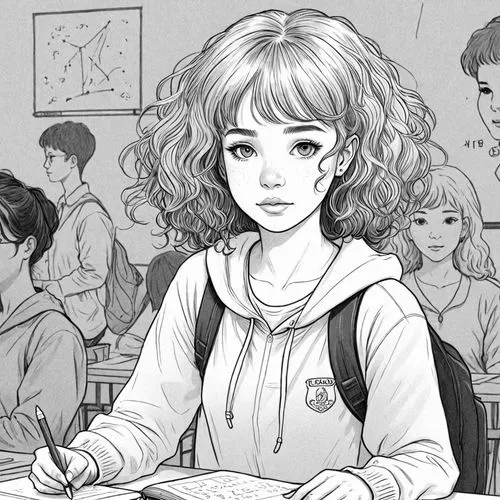 1girl,girl with speech bubble,line art children,worried girl,hagio,detention,classroom,calpurnia,girl studying,the girl's face,coloring pages kids,girl drawing,scuola,student,afterschool,schooldays,sc