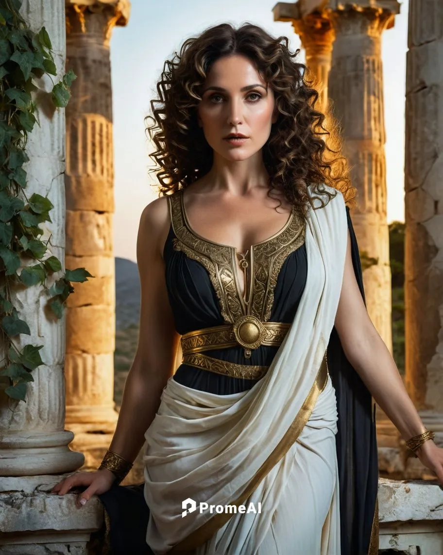 (masterpiece) professional photography quality, a beautiful mature dark-haired Greek priestess in a traditional Greek peplos dress, setting: an imposing ancient Greek style temple building, Corinthian