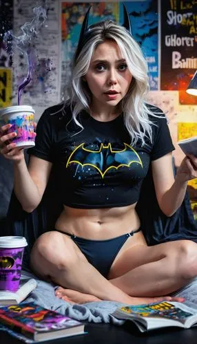 ((Elizabeth Olsen))(((simple real image)))((( west black batman BATMAN t-shirt small Underwear wear)) ((((wearing short bikini))))), , big earphones ((long white hair)) sitting at the bed in a nerdy r