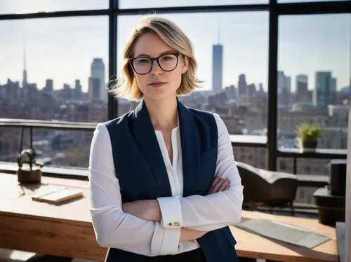 Jenni Kayne, modern architect, 30s, short blonde hair, black framed glasses, minimal makeup, white shirt, dark blue blazer, fitted trousers, black heels, holding blueprints, standing, interior design 