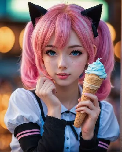 kawaii ice cream,neopolitan,ice cream,pink ice cream,ice cream cone,soft ice cream,Photography,General,Cinematic