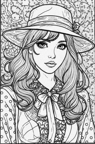 . stained glass style
   ,the coloring book for girls has a girl in a hat,coloring page,coloring pages,lineart,coloring pages kids,straw hat,mono-line line art,Design Sketch,Design Sketch,Black and wh