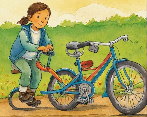 Craft a heartwarming tale about a young child learning to steer a bicycle for the first time.,electric bicycle,girl with a wheel,bicycles--equipment and supplies,training wheels,bike kids,a collection