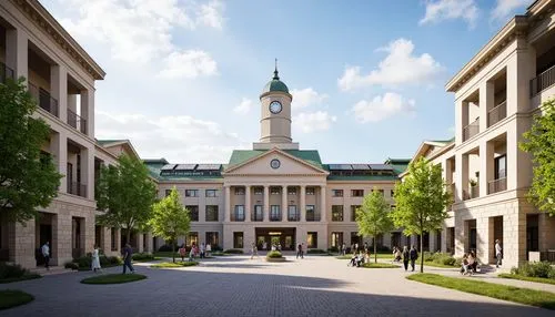 Grand courthouse building, neoclassical architecture, symmetrical fa\u00e7ade, columned entrance, ornate details, natural stone walls, large clock tower, green roofs, solar panels, rainwater harvestin